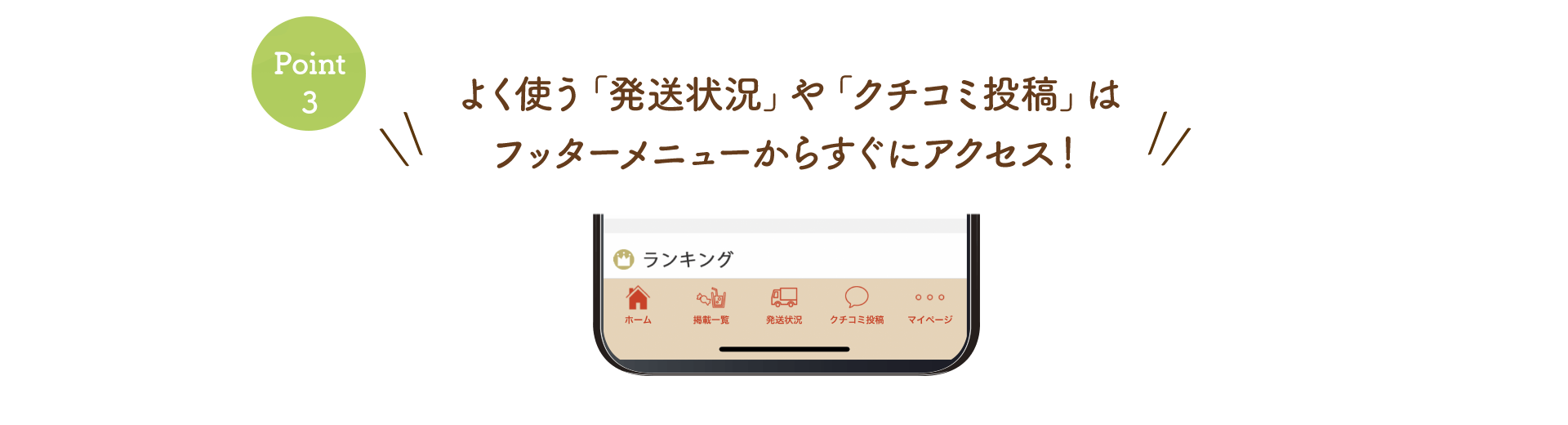Point 3 よく使う「発送状況」や「クチコミ投稿」はフッターメニューからすぐにアクセス！